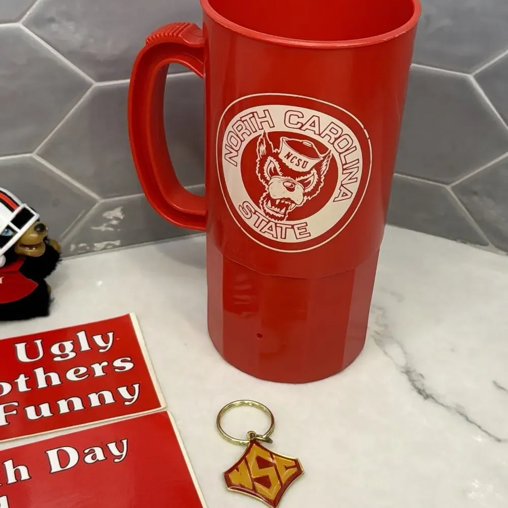 Vintage NC State Wolfpack Fan Lot Mug Decals Pins Clip On Mascot Figure NCSU